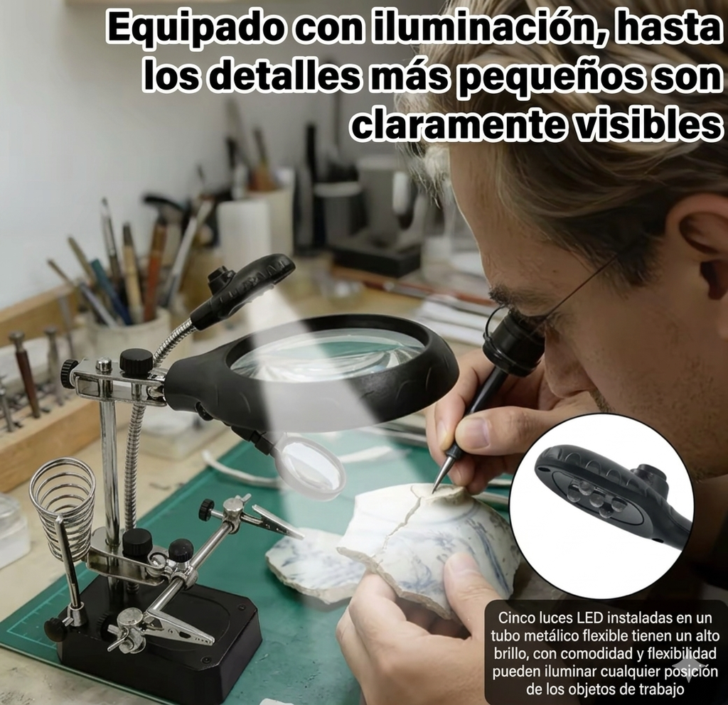 Lupa de mesa USB con Luz Led y tercera mano para Soldadura , Electrónica y Miniaturas