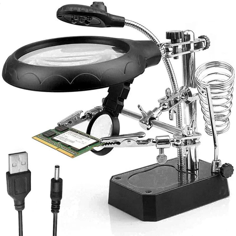 Lupa de mesa USB con Luz Led y tercera mano para Soldadura , Electrónica y Miniaturas